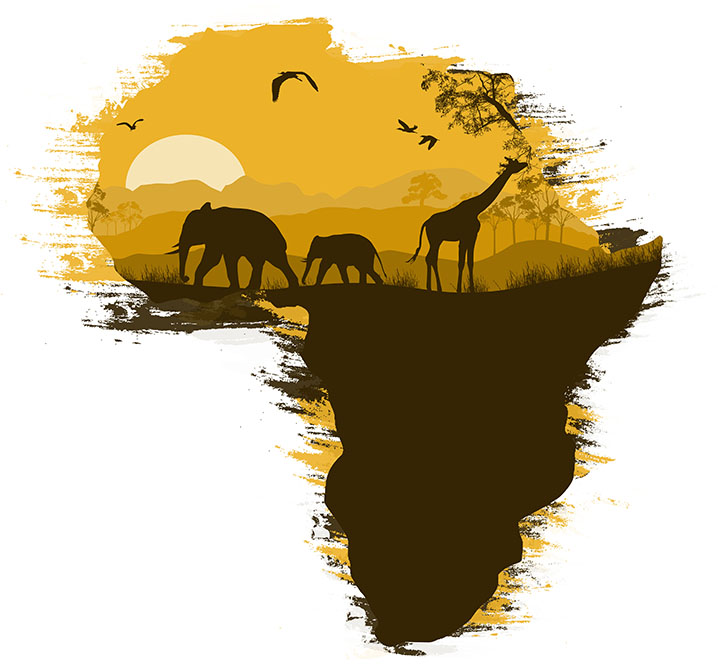 Wild african animals silhouettes on the map of Africa, with space for your text, vector illustration